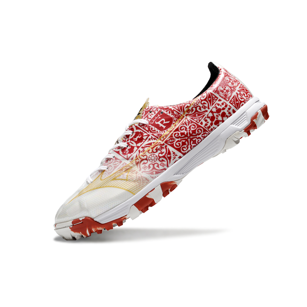Chuteira Society Mizuno Alpha TF Branca, Vermelha e Dourada 