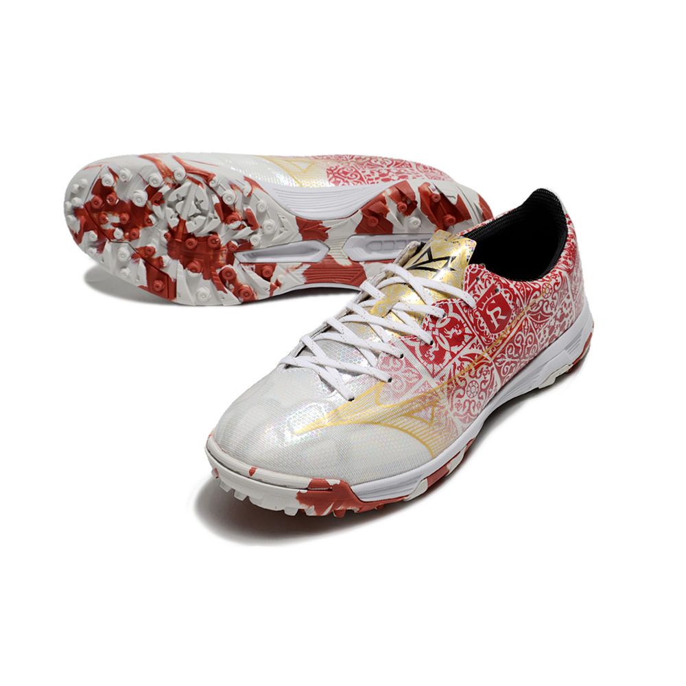 Chuteira Society Mizuno Alpha TF Branca, Vermelha e Dourada 