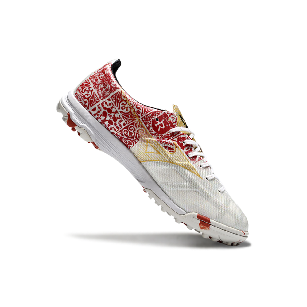 Chuteira Society Mizuno Alpha TF Branca, Vermelha e Dourada 