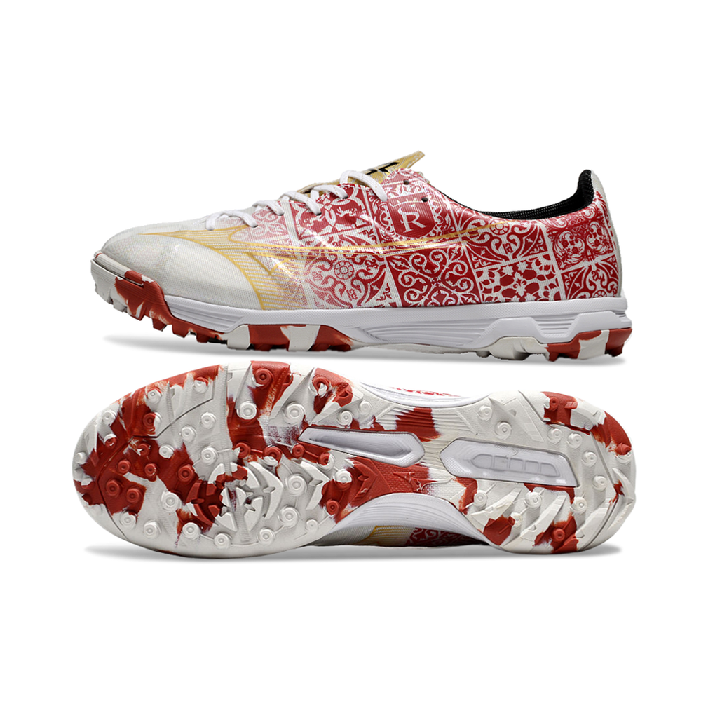 Chuteira Society Mizuno Alpha TF Branca, Vermelha e Dourada 