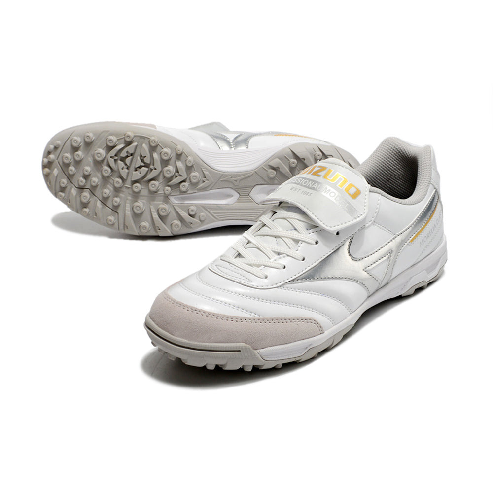 Chuteira Society Mizuno Morelia 3 TF Branca e Prata 