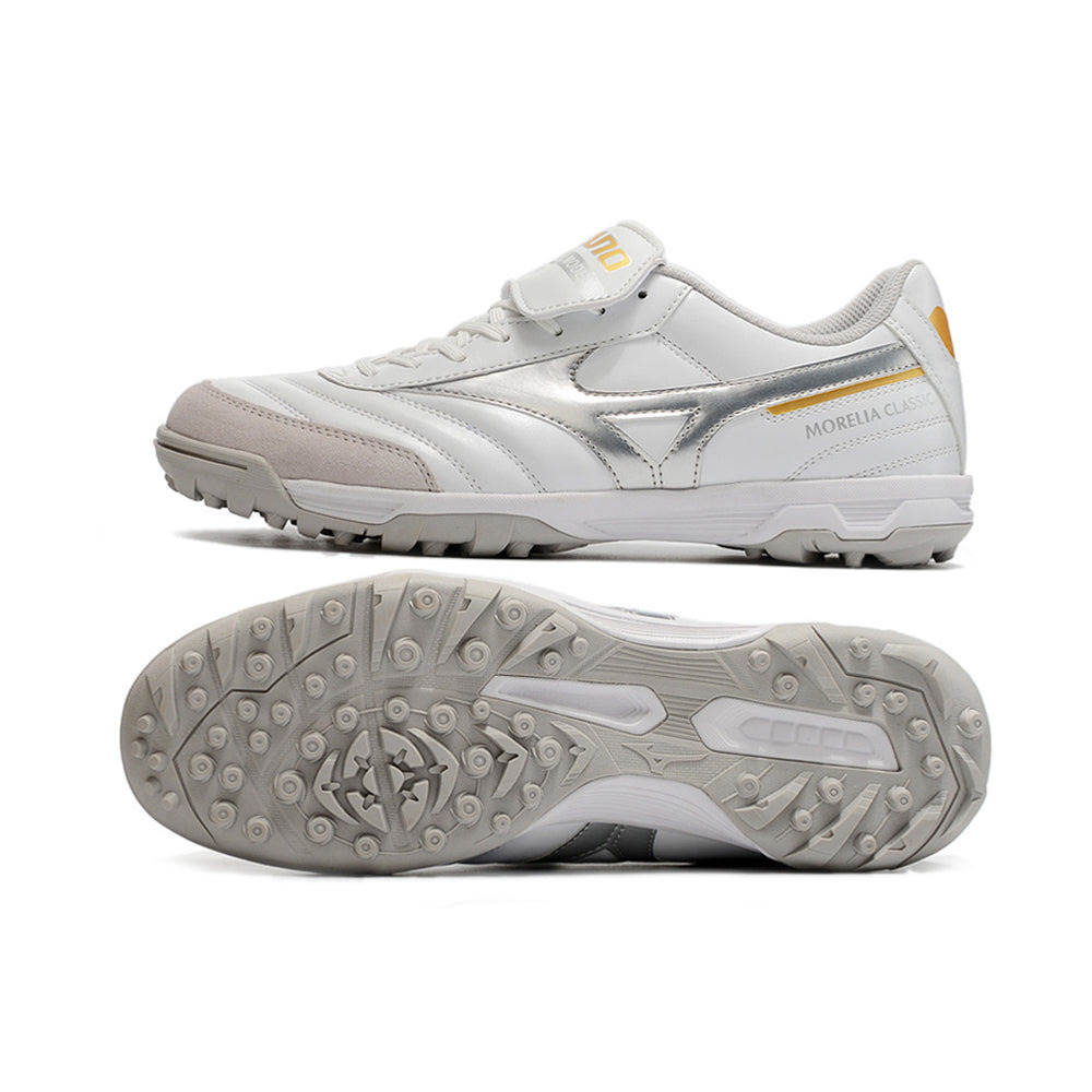 Chuteira Society Mizuno Morelia 3 TF Branca e Prata 