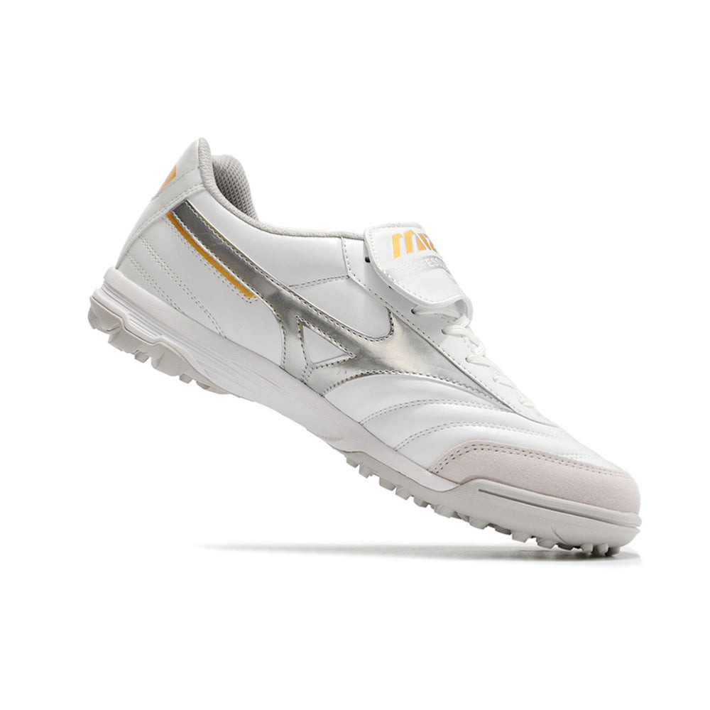Chuteira Society Mizuno Morelia 3 TF Branca e Prata 