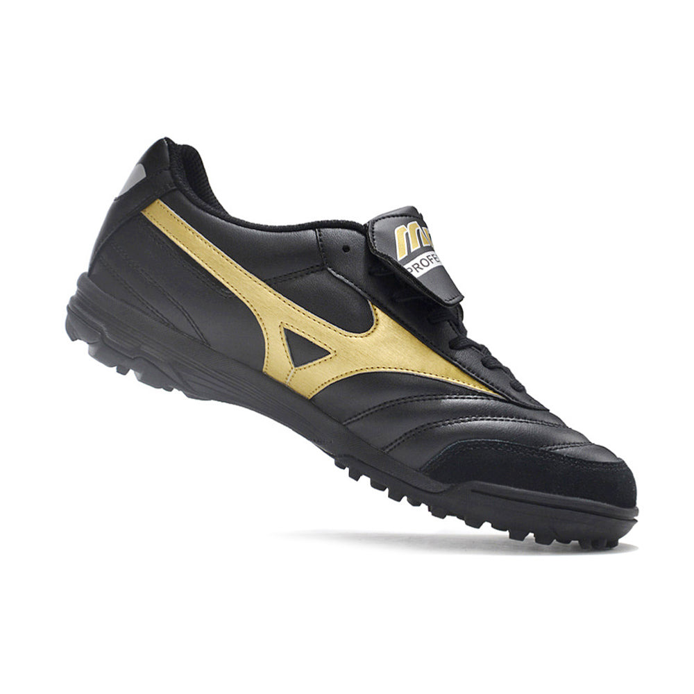 Chuteira Society Mizuno Morelia 4 TF Preta e Dourada 