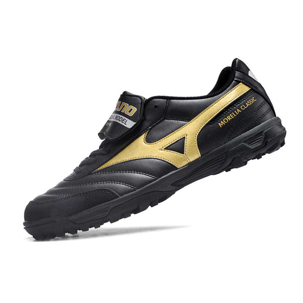 Chuteira Society Mizuno Morelia 4 TF Preta e Dourada 