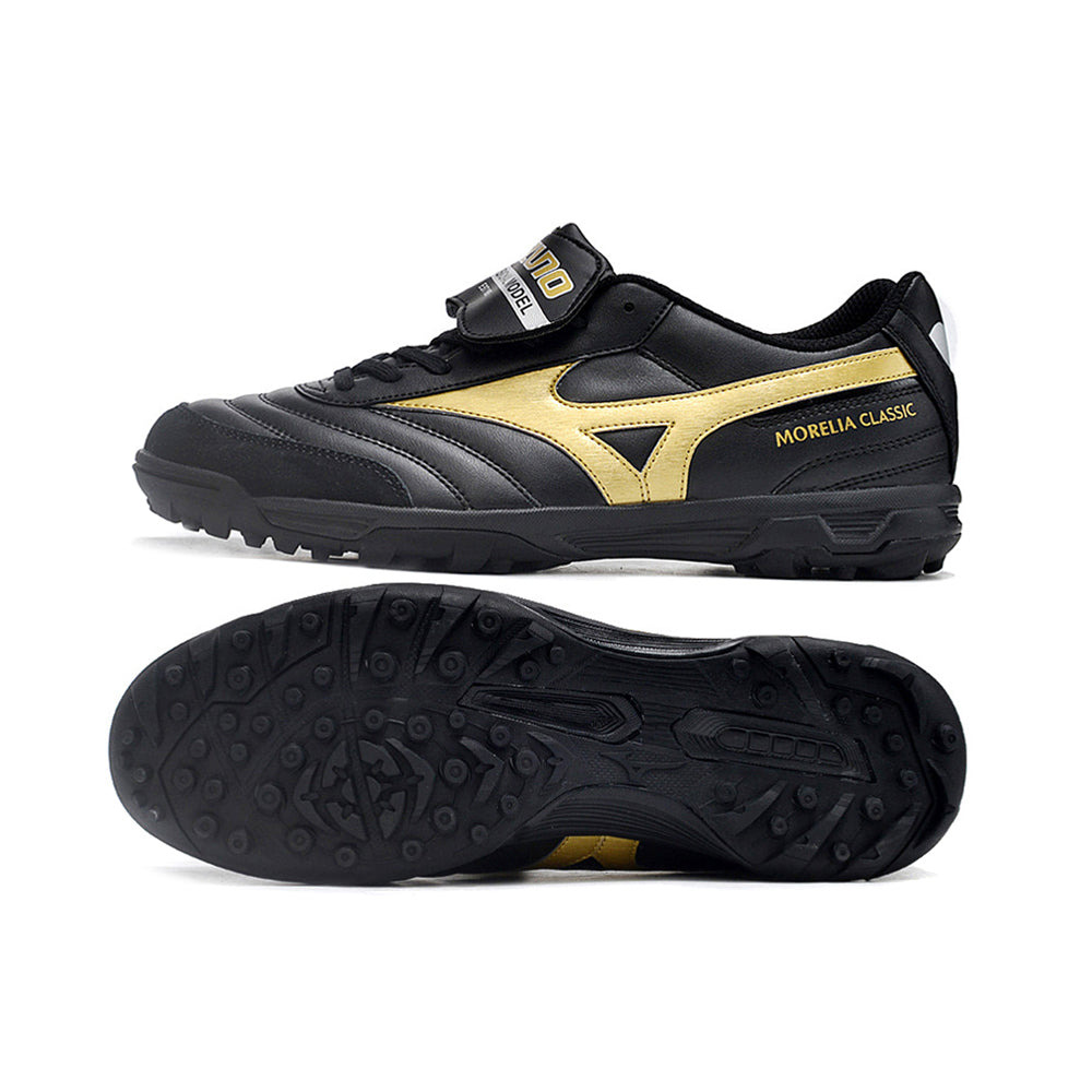 Chuteira Society Mizuno Morelia 4 TF Preta e Dourada 
