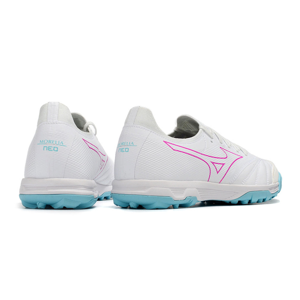 Chuteira Society Mizuno Morelia Neo Beta TF Branca, Azul e Rosa