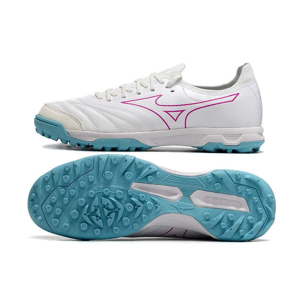 Chuteira Society Mizuno Morelia Neo Beta TF Branca, Azul e Rosa