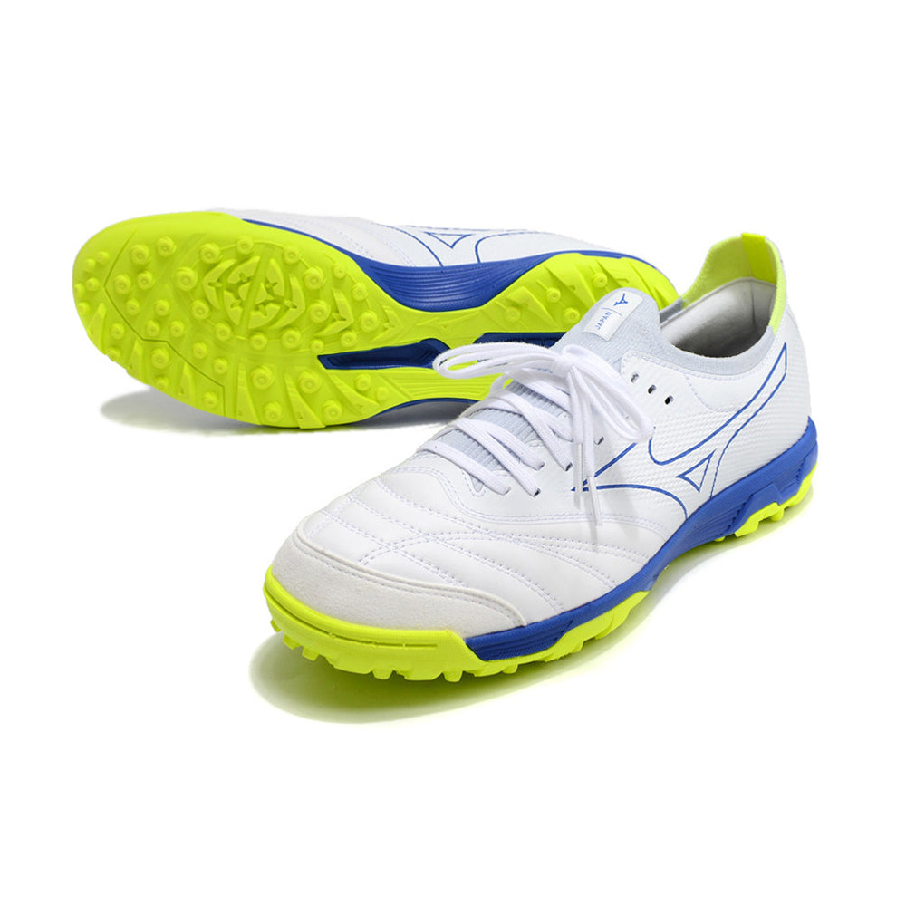 Chuteira Society Mizuno Morelia Neo Beta TF Branca, Azul e Verde 