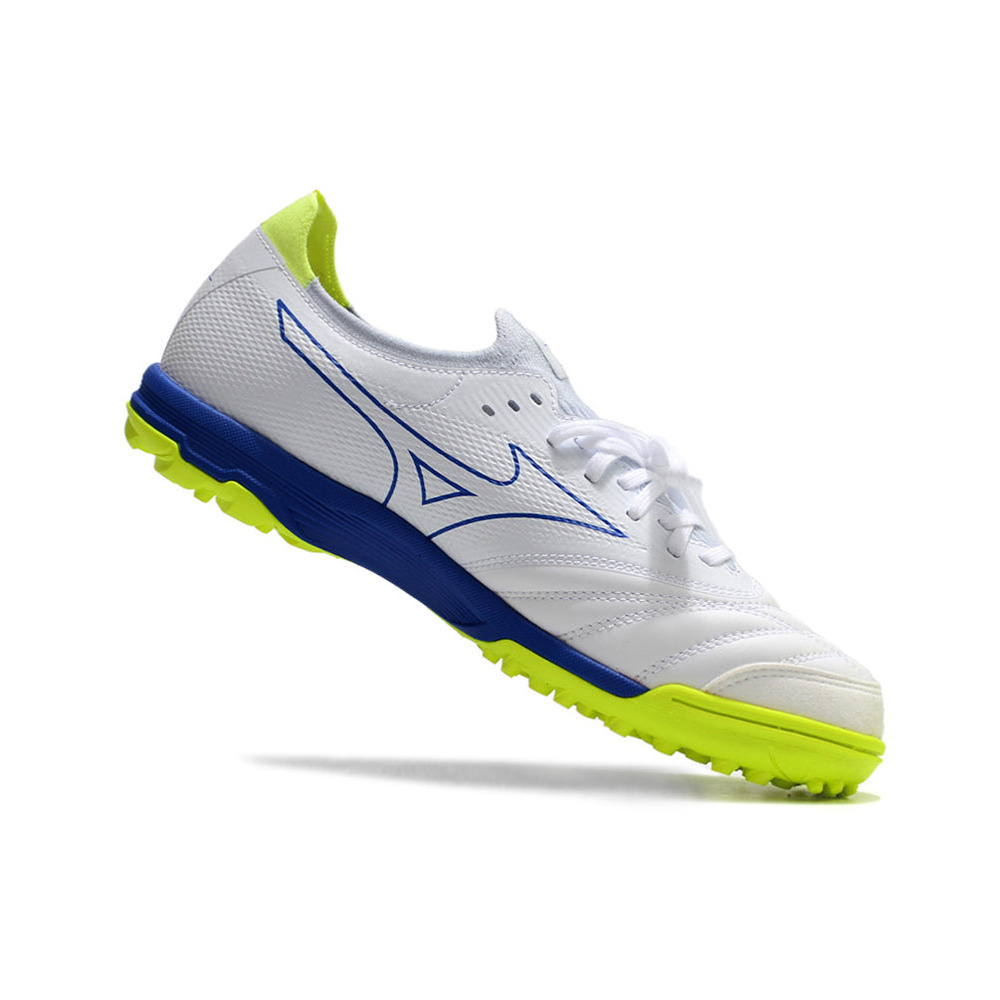 Chuteira Society Mizuno Morelia Neo Beta TF Branca, Azul e Verde 
