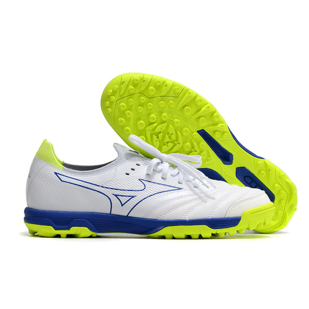 Chuteira Society Mizuno Morelia Neo Beta TF Branca, Azul e Verde 