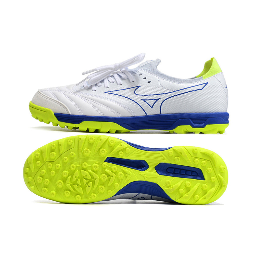 Chuteira Society Mizuno Morelia Neo Beta TF Branca, Azul e Verde 