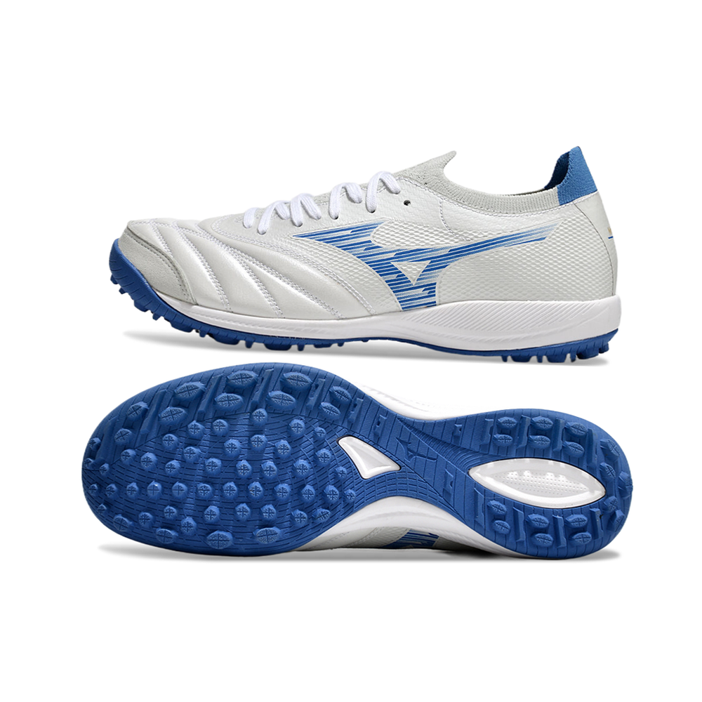 Chuteira Society Mizuno Morelia Neo Sala TF Branca e Azul 