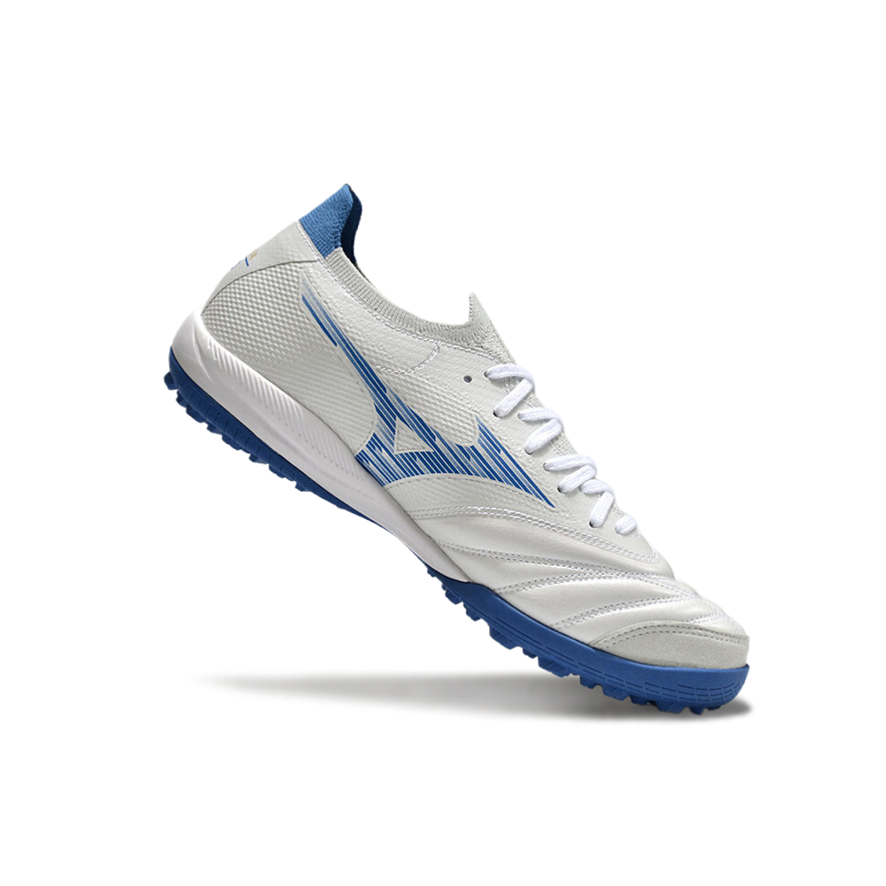 Chuteira Society Mizuno Morelia Neo Sala TF Branca e Azul 