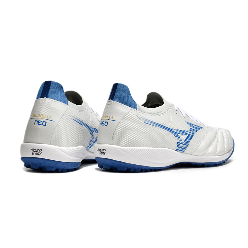 Chuteira Society Mizuno Morelia Neo Sala TF Branca e Azul 