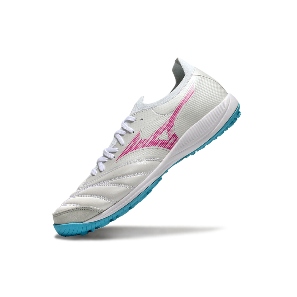Chuteira Society Mizuno Morelia Neo Sala TF Branca, Azul e Rosa