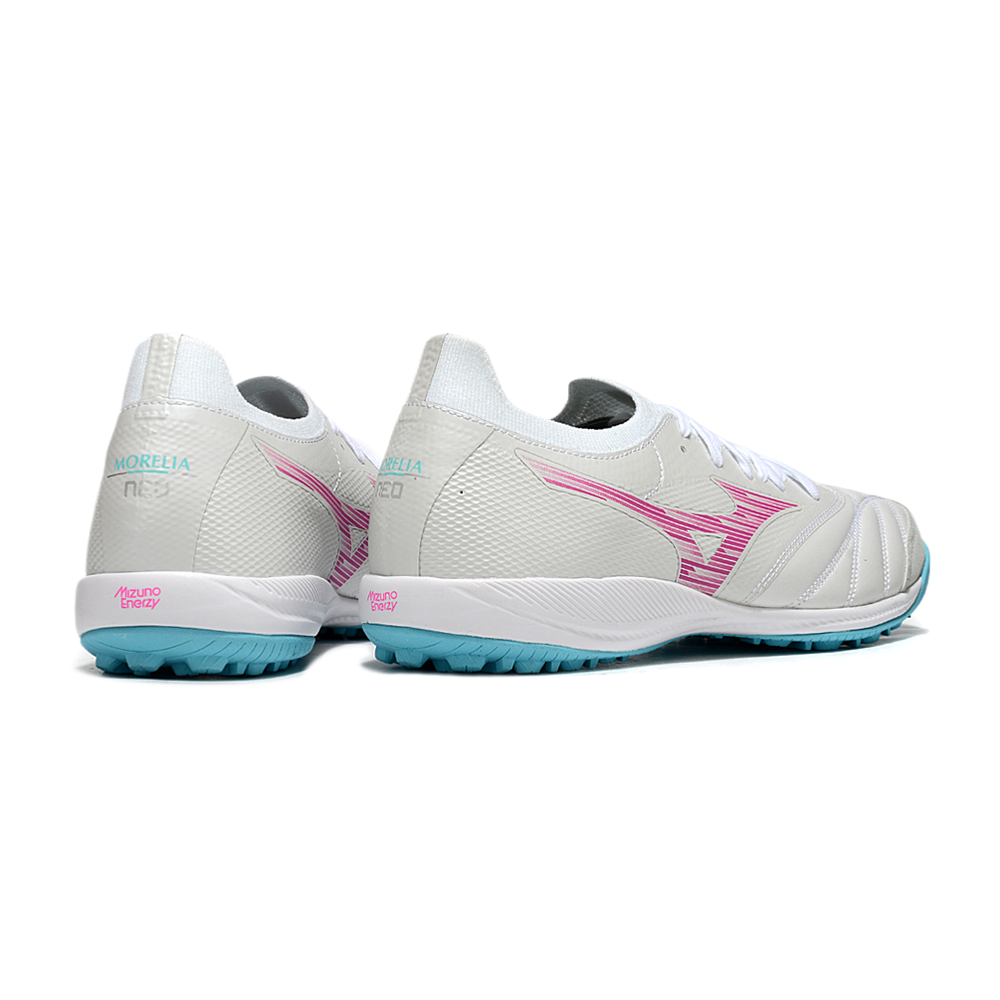 Chuteira Society Mizuno Morelia Neo Sala TF Branca, Azul e Rosa