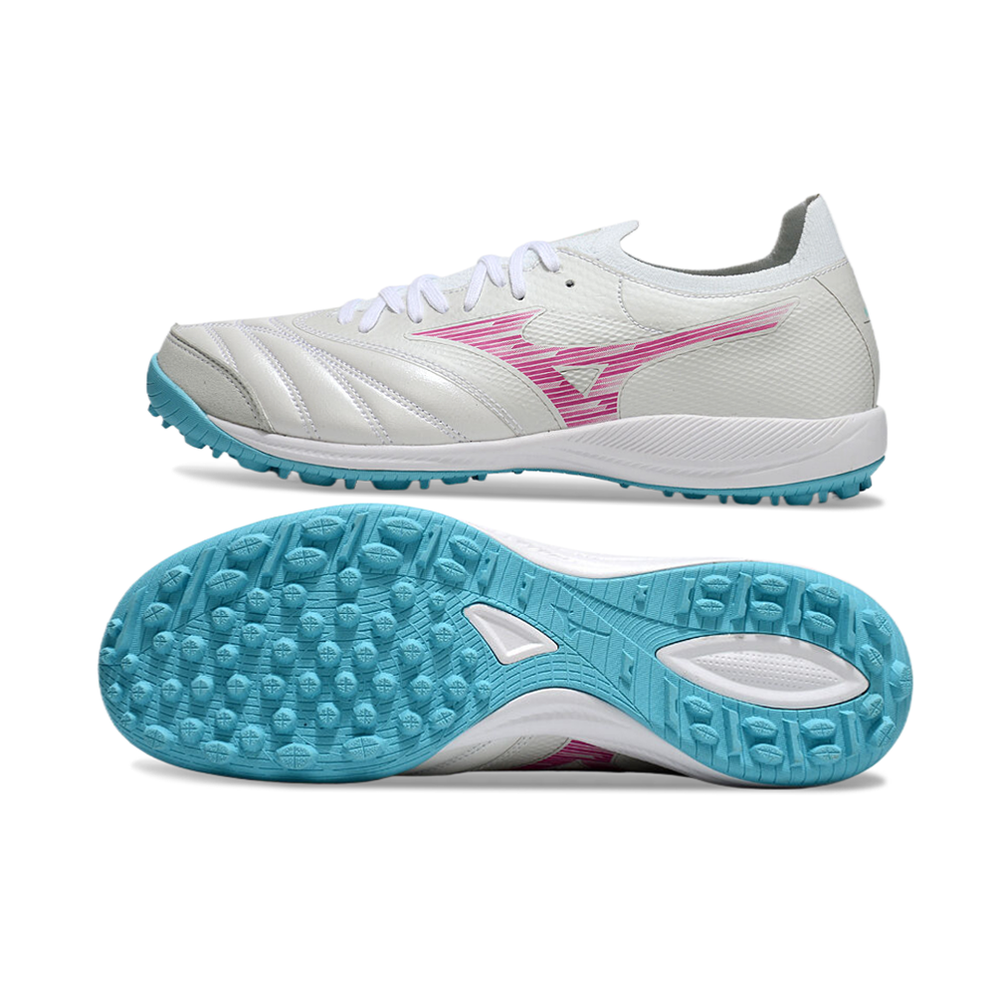 Chuteira Society Mizuno Morelia Neo Sala TF Branca, Azul e Rosa