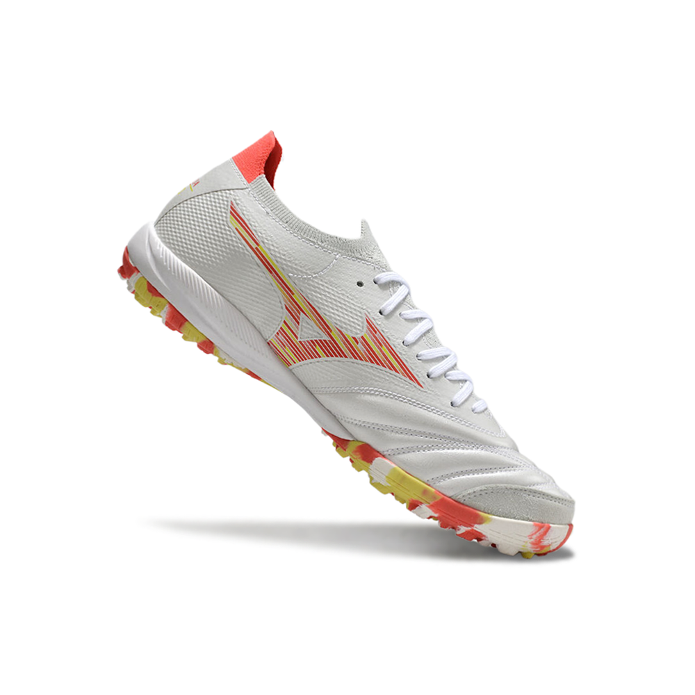 Chuteira Society Mizuno Morelia Neo Sala TF Branca, Vermelha e Amarela