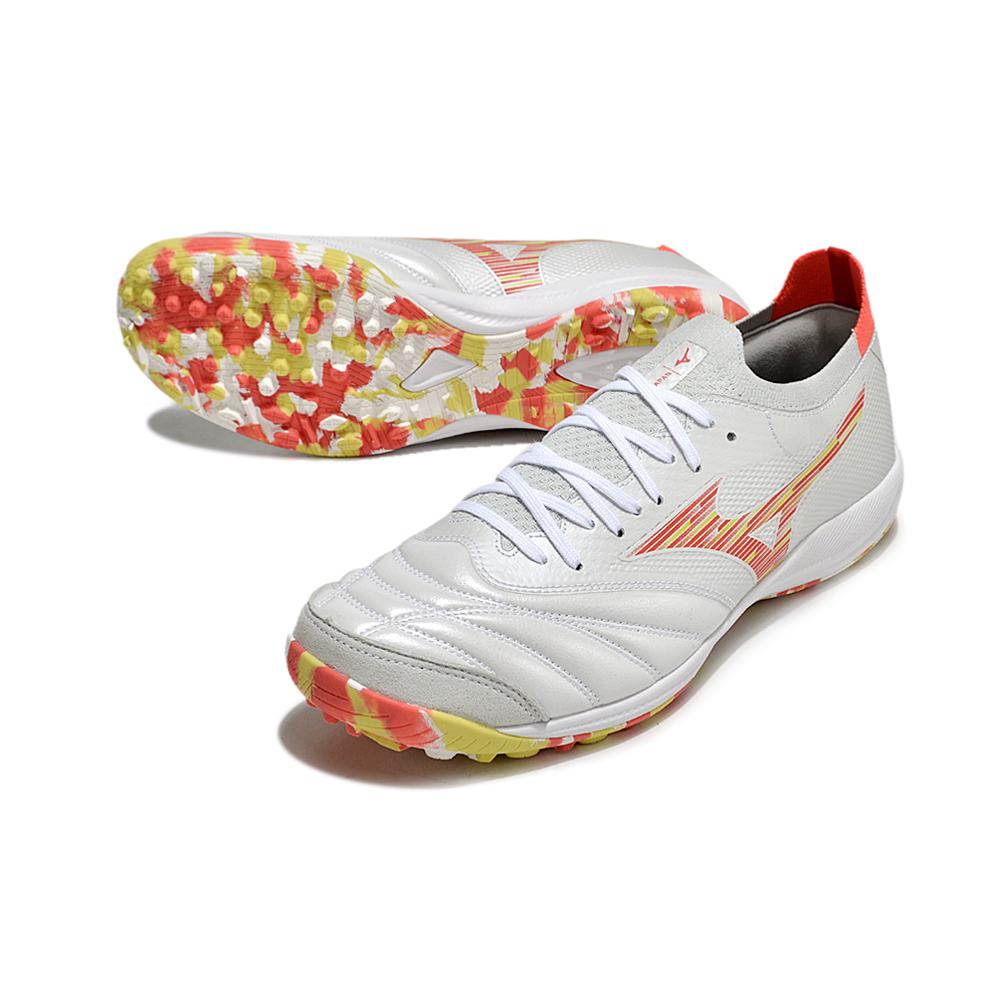 Chuteira Society Mizuno Morelia Neo Sala TF Branca, Vermelha e Amarela