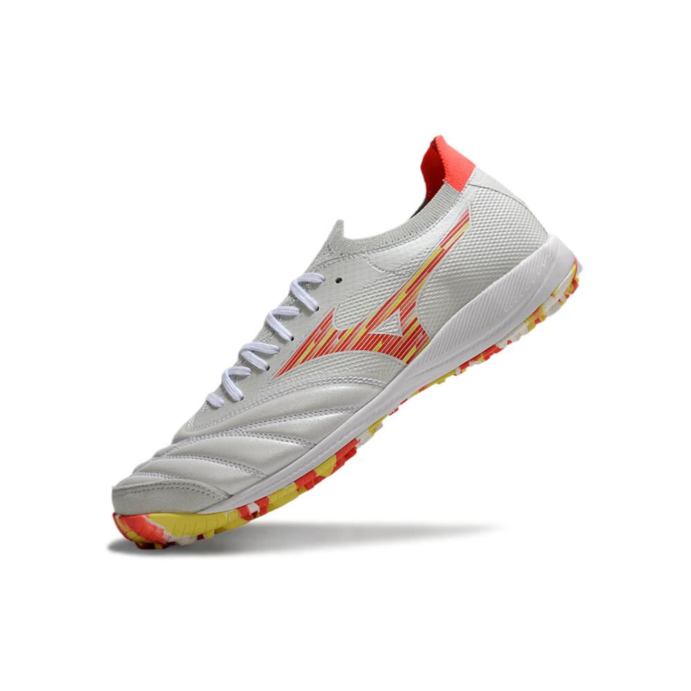 Chuteira Society Mizuno Morelia Neo Sala TF Branca, Vermelha e Amarela