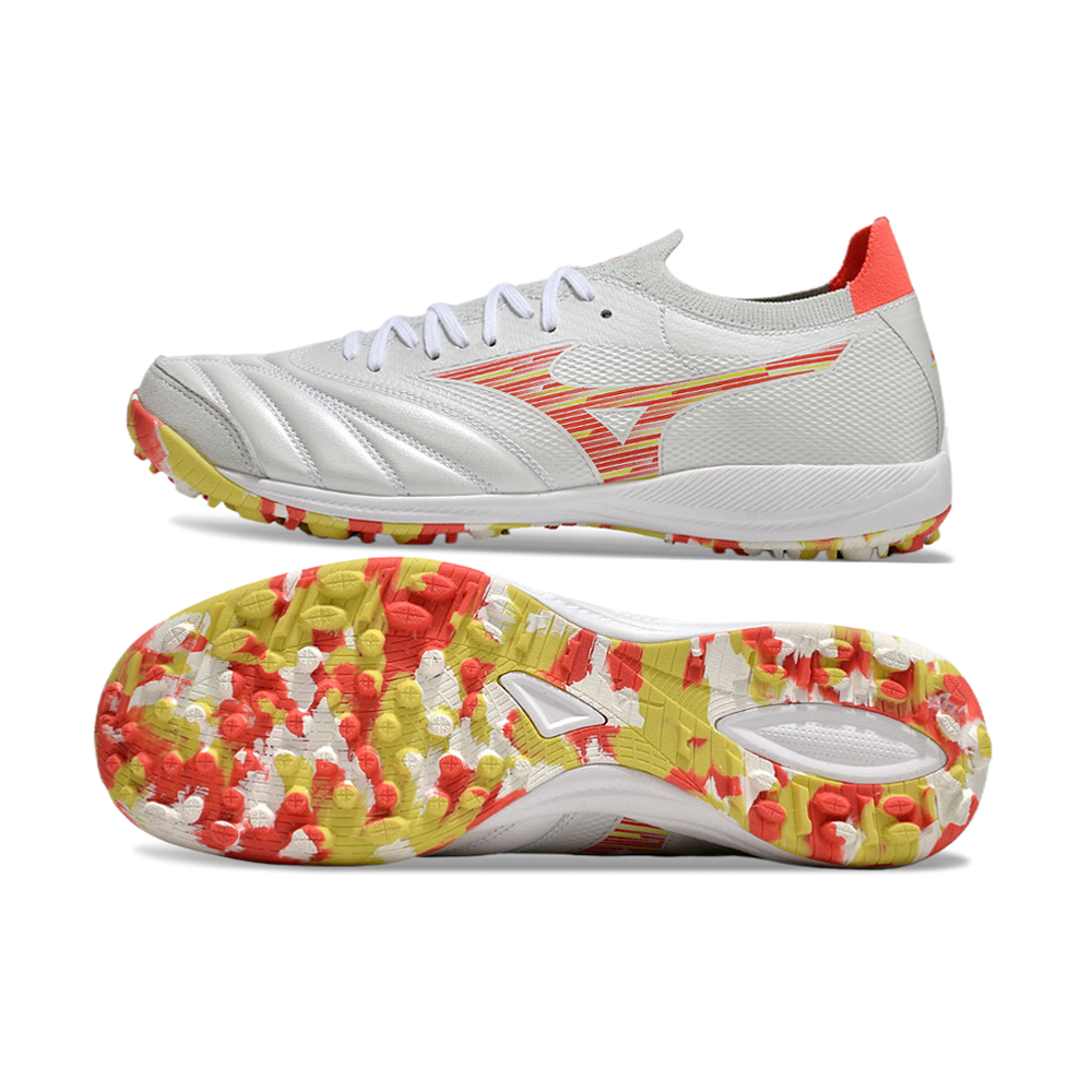 Chuteira Society Mizuno Morelia Neo Sala TF Branca, Vermelha e Amarela