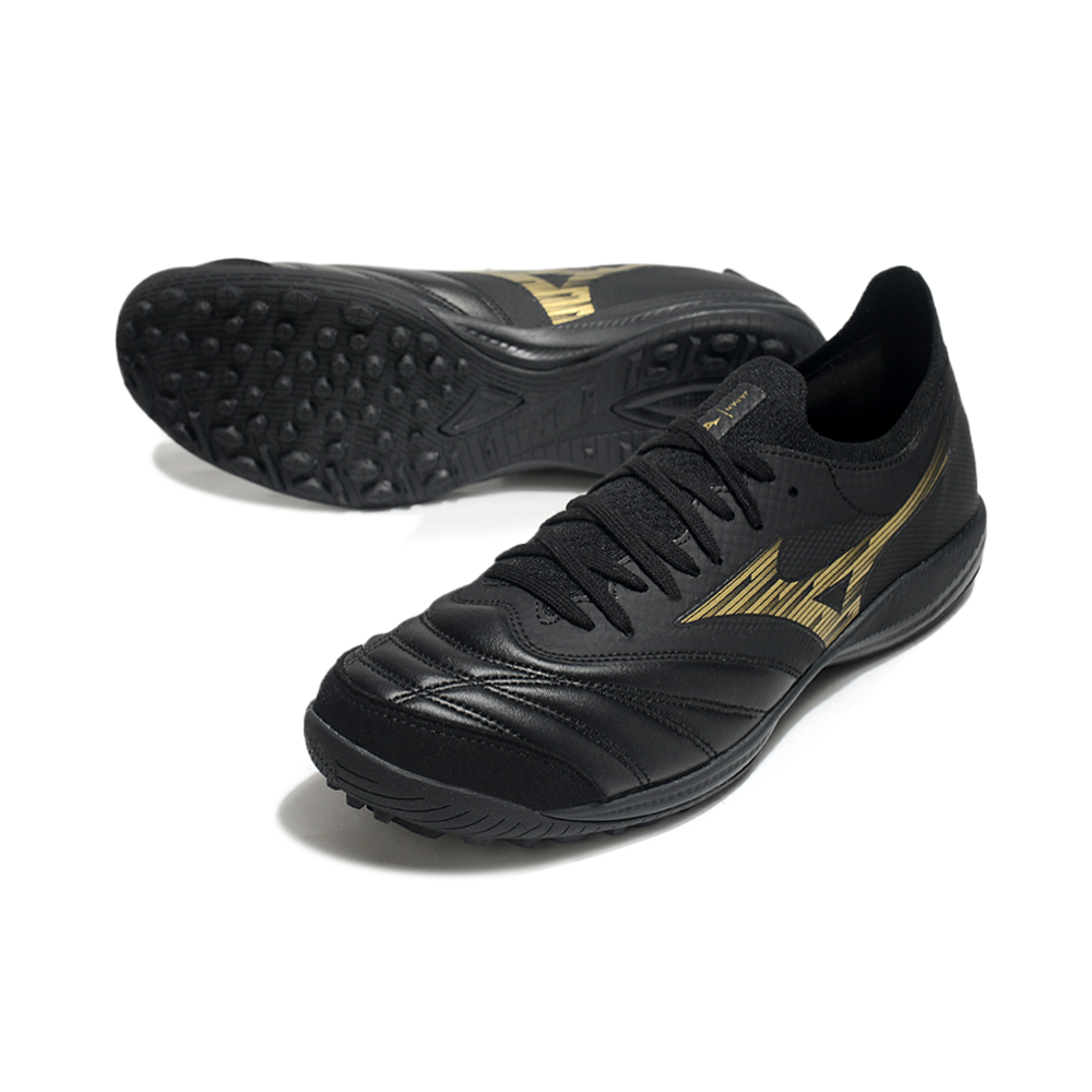 Chuteira Society Mizuno Morelia Neo Sala TF Preta e Dourada 