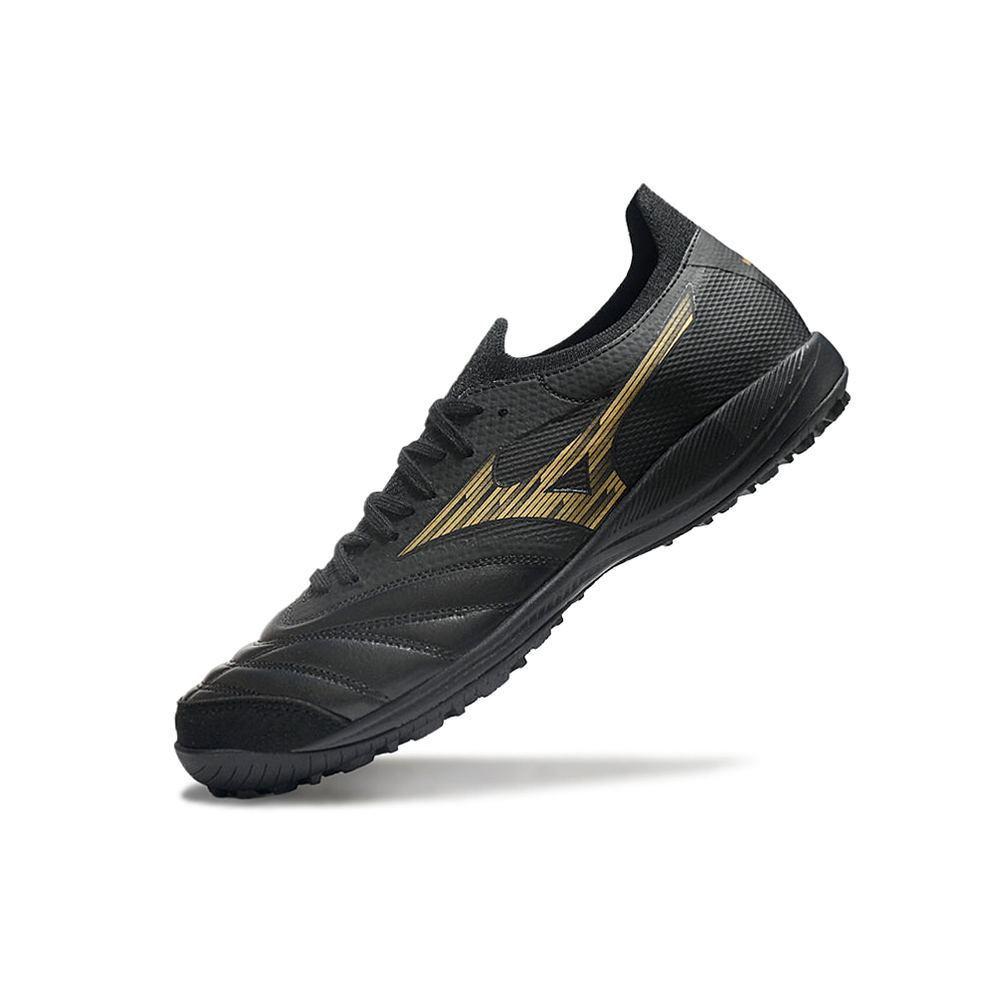 Chuteira Society Mizuno Morelia Neo Sala TF Preta e Dourada 