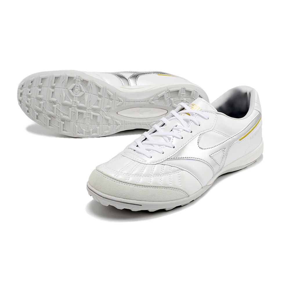 Chuteira Society Mizuno Morelia Sala Japan TF Branca e Prata 