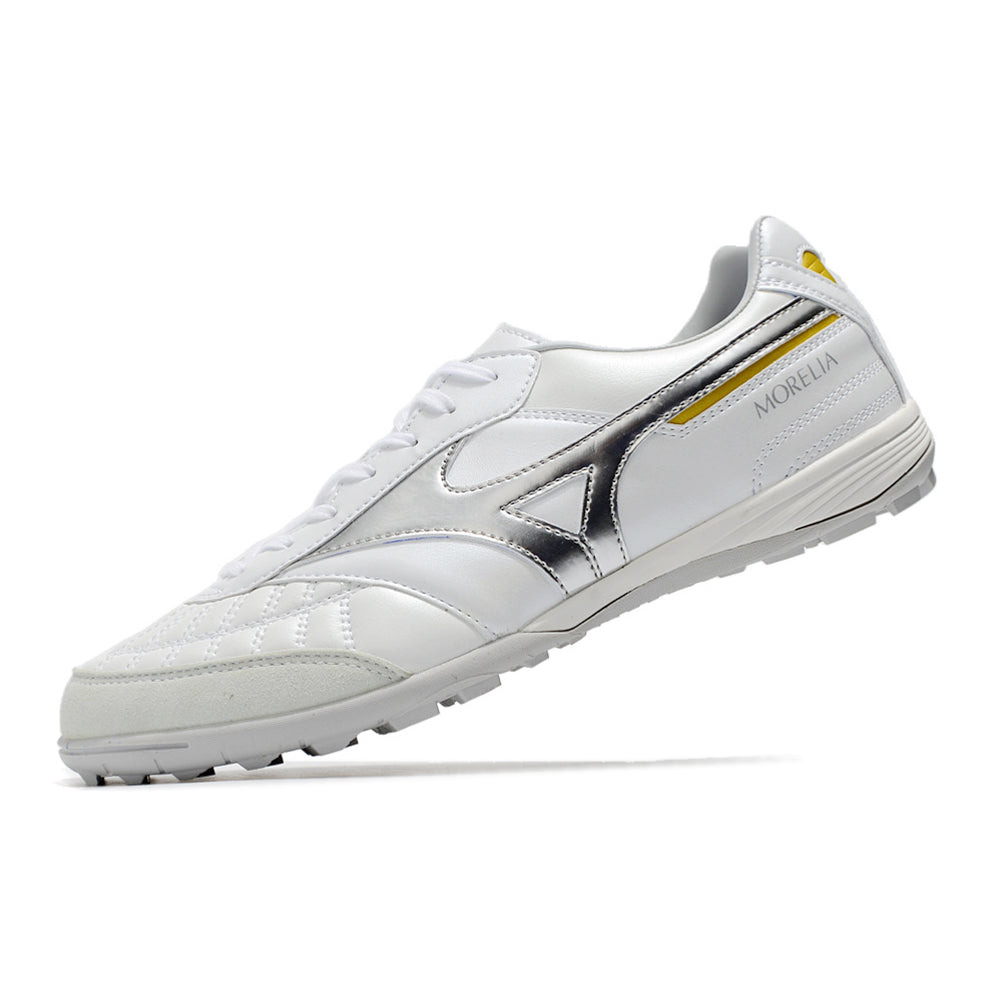 Chuteira Society Mizuno Morelia Sala Japan TF Branca e Prata 