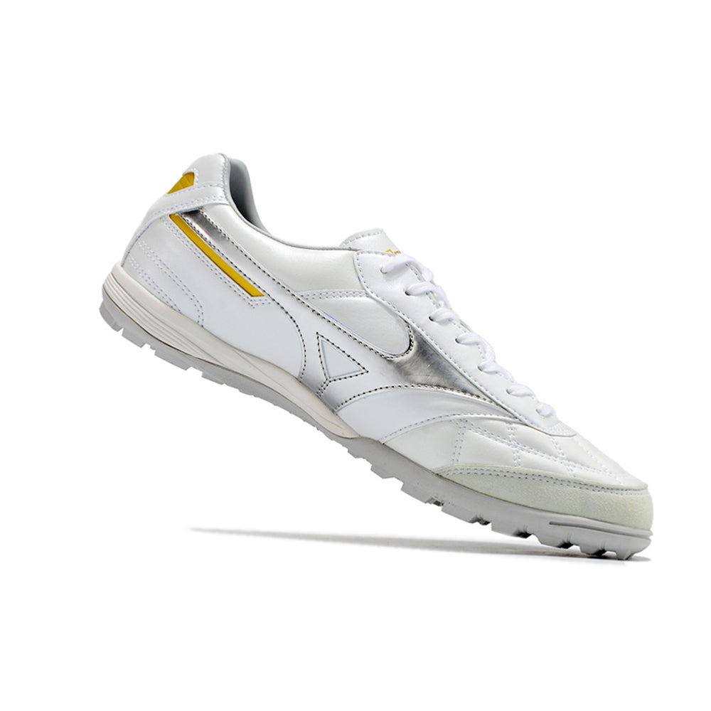 Chuteira Society Mizuno Morelia Sala Japan TF Branca e Prata 