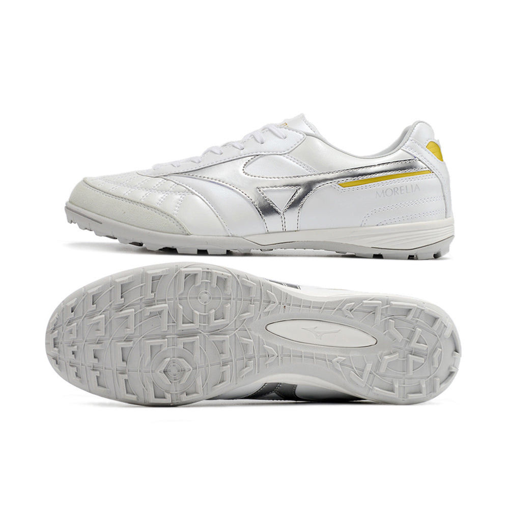 Chuteira Society Mizuno Morelia Sala Japan TF Branca e Prata 