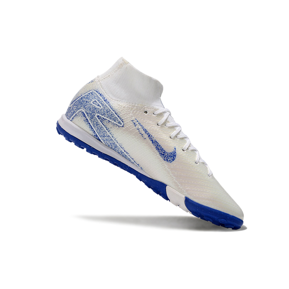 Chuteira Society Nike Air Zoom Mercurial Superfly 10 Elite FG Branca, Azul e Laranja 