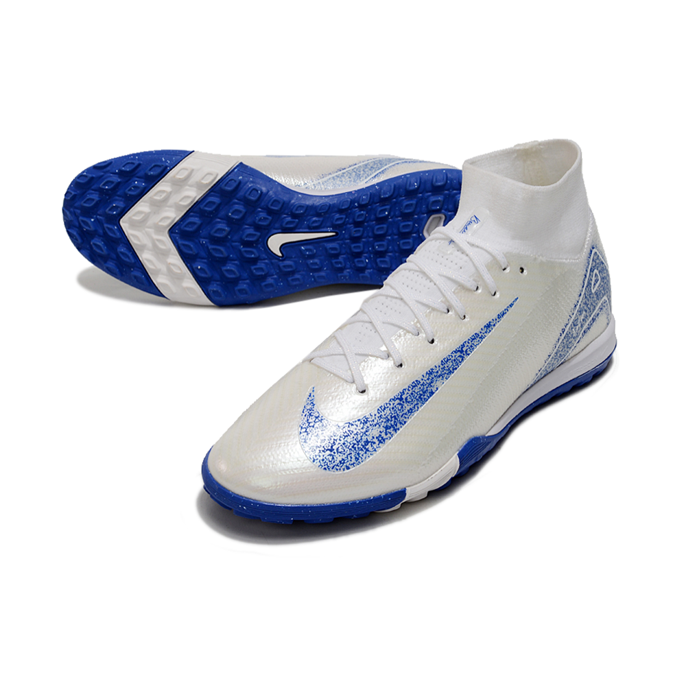 Chuteira Society Nike Air Zoom Mercurial Superfly 10 Elite FG Branca, Azul e Laranja 