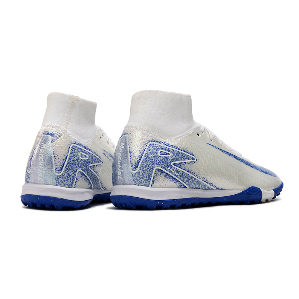 Chuteira Society Nike Air Zoom Mercurial Superfly 10 Elite FG Branca, Azul e Laranja 