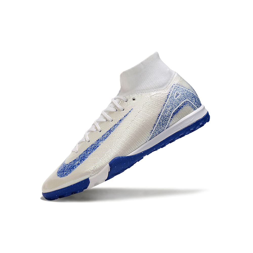 Chuteira Society Nike Air Zoom Mercurial Superfly 10 Elite FG Branca, Azul e Laranja 