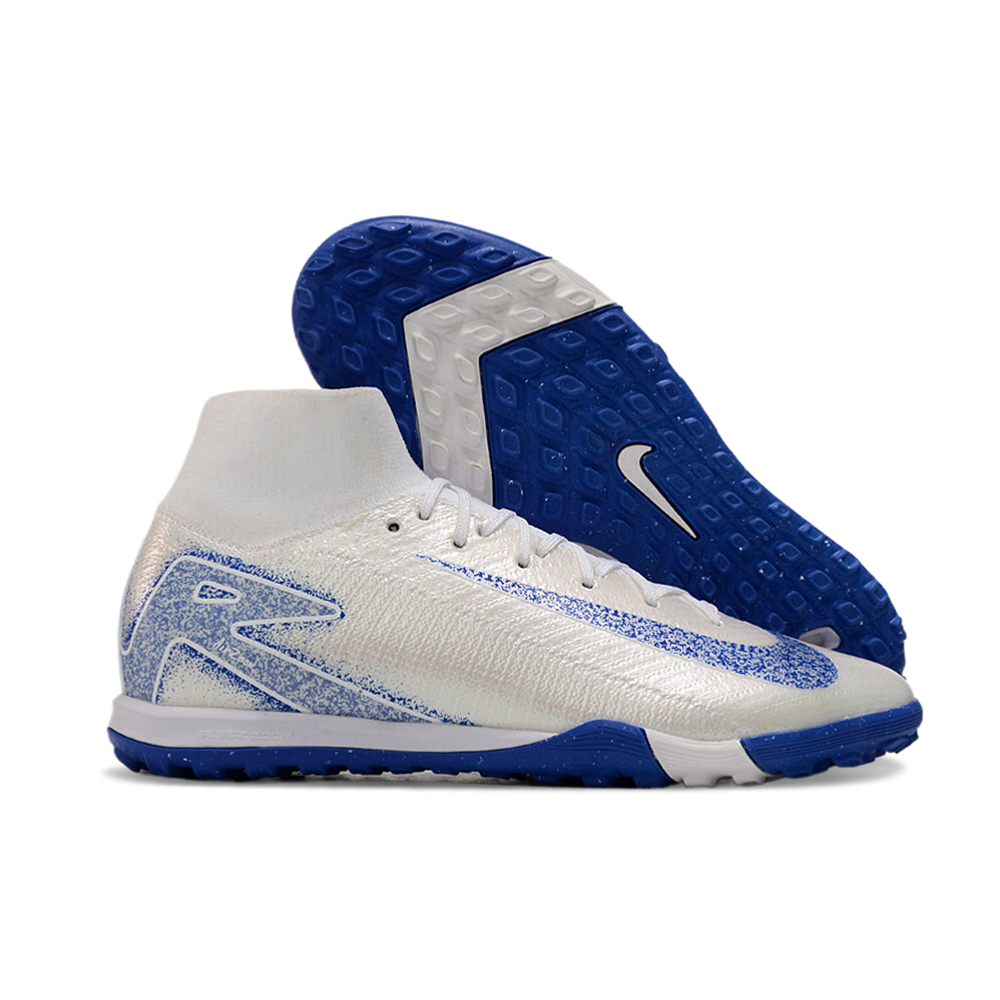 Chuteira Society Nike Air Zoom Mercurial Superfly 10 Elite FG Branca, Azul e Laranja 