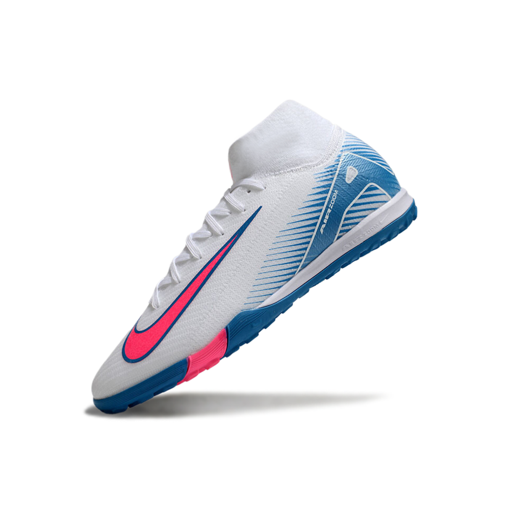 Chuteira Society Nike Air Zoom Mercurial Superfly 10 Elite TF Branca, Azul e Rosa