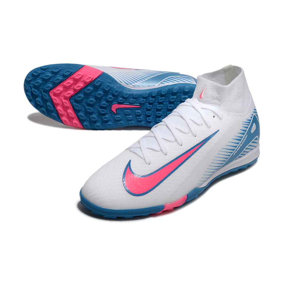 Chuteira Society Nike Air Zoom Mercurial Superfly 10 Elite TF Branca, Azul e Rosa