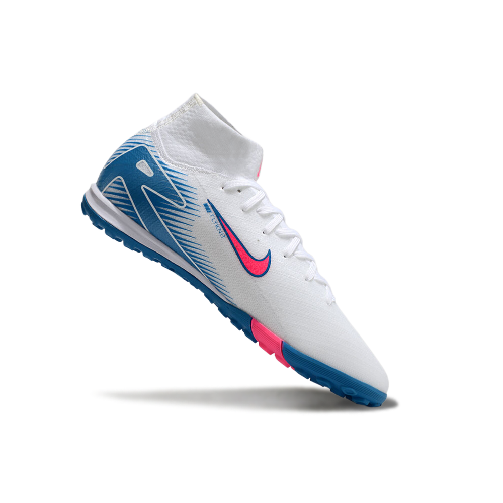 Chuteira Society Nike Air Zoom Mercurial Superfly 10 Elite TF Branca, Azul e Rosa