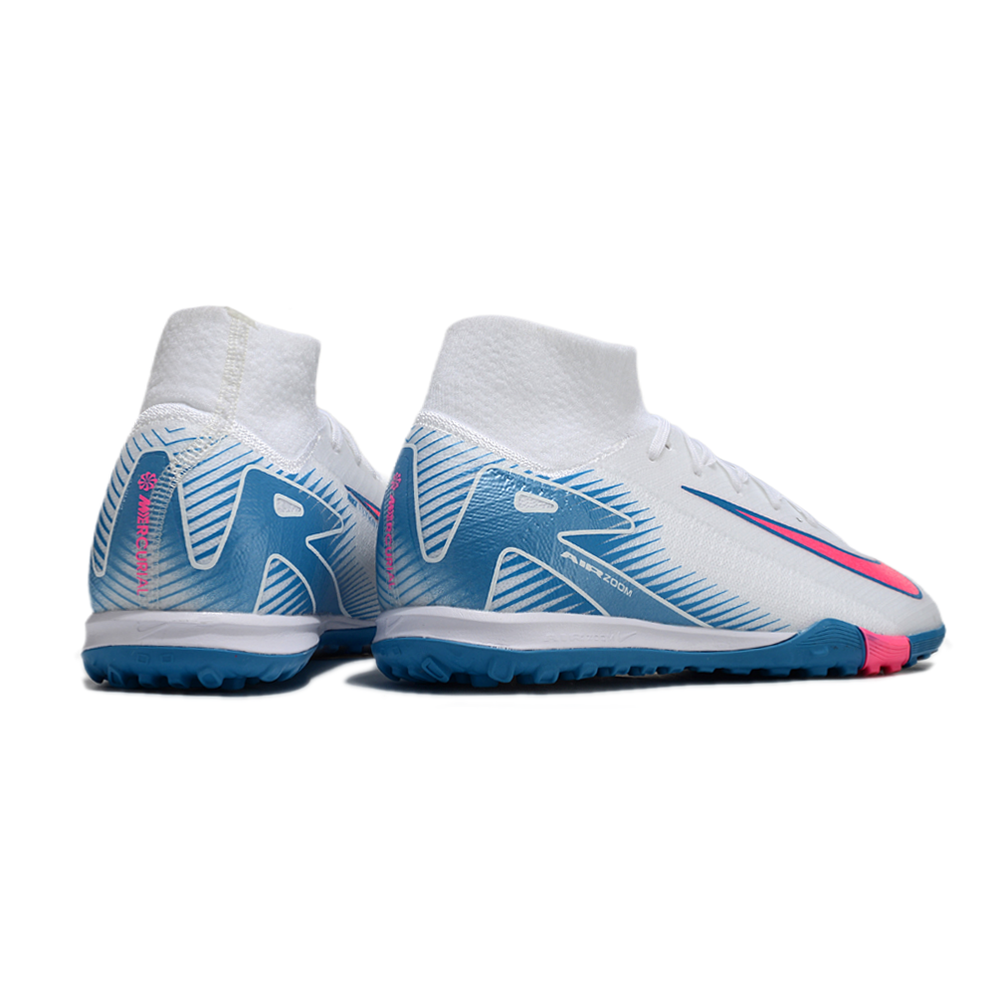 Chuteira Society Nike Air Zoom Mercurial Superfly 10 Elite TF Branca, Azul e Rosa