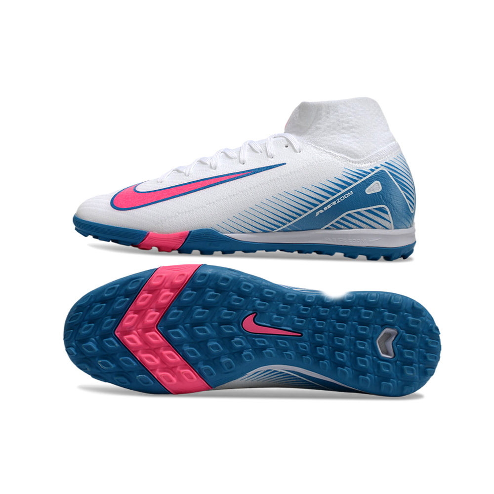 Chuteira Society Nike Air Zoom Mercurial Superfly 10 Elite TF Branca, Azul e Rosa