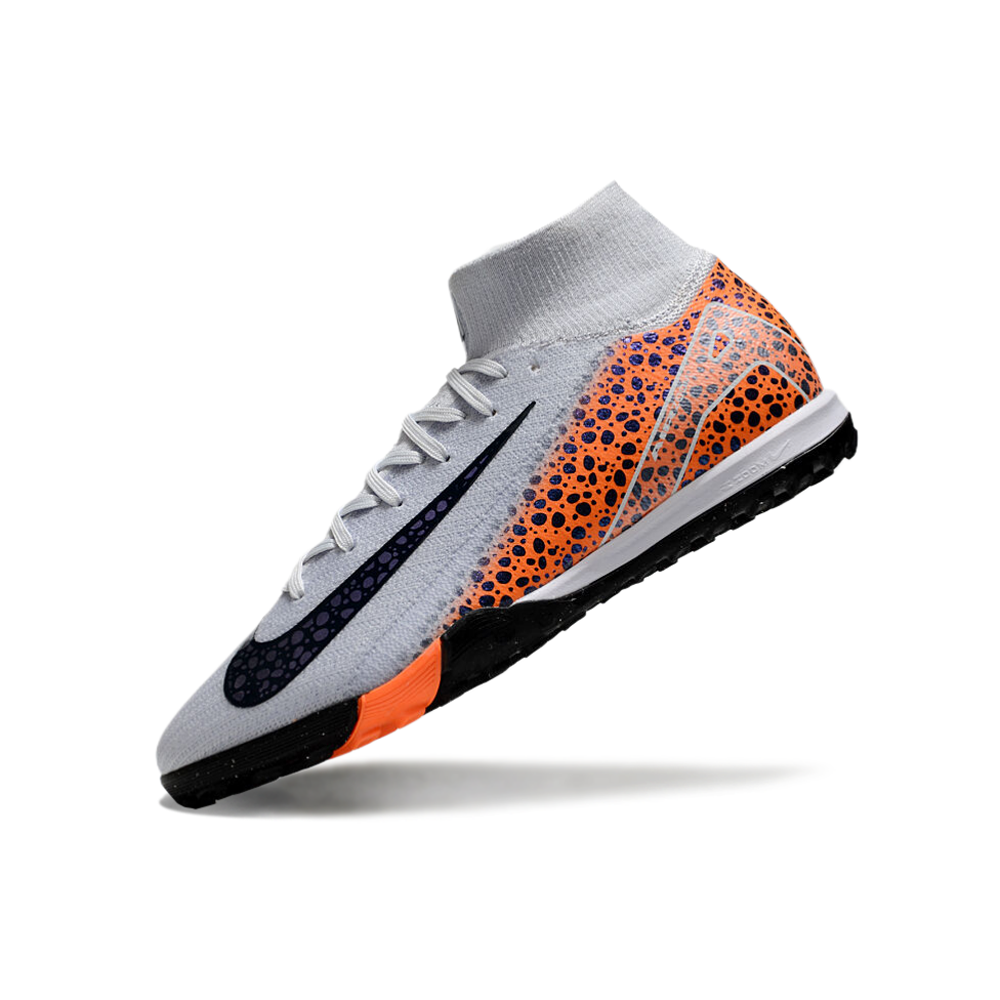 Chuteira Society Nike Air Zoom Mercurial Superfly 10 Elite TF Branca, Laranja e Preto 