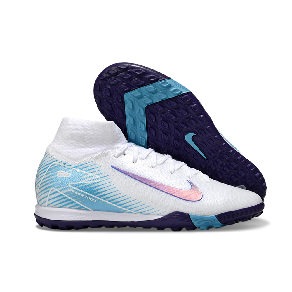 Chuteira Society Nike Air Zoom Mercurial Superfly 10 Elite TF Branco e Azul