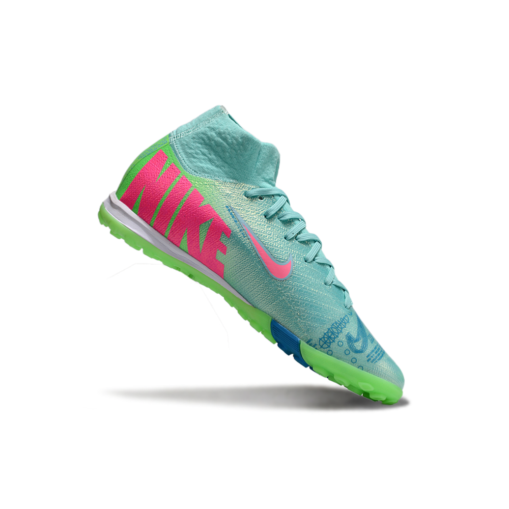 Chuteira Society Nike Air Zoom Mercurial Superfly 10 Elite TF Verde e Rosa 