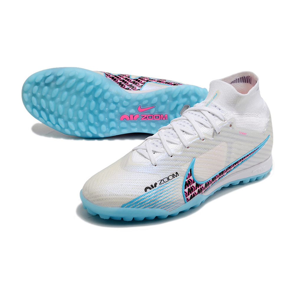 Chuteira Society Nike Air Zoom Mercurial Superfly 9 Elite TF Branca e Azul 