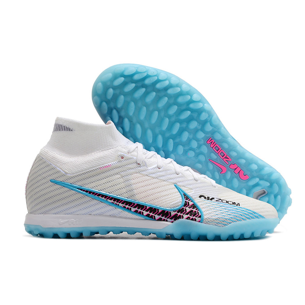 Chuteira Society Nike Air Zoom Mercurial Superfly 9 Elite TF Branca e Azul 