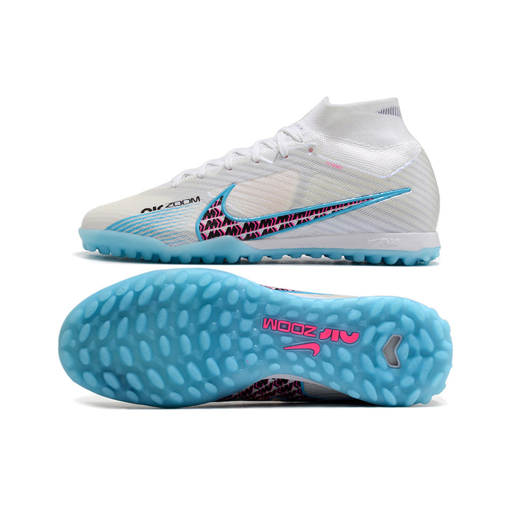 Chuteira Society Nike Air Zoom Mercurial Superfly 9 Elite TF Branca e Azul 