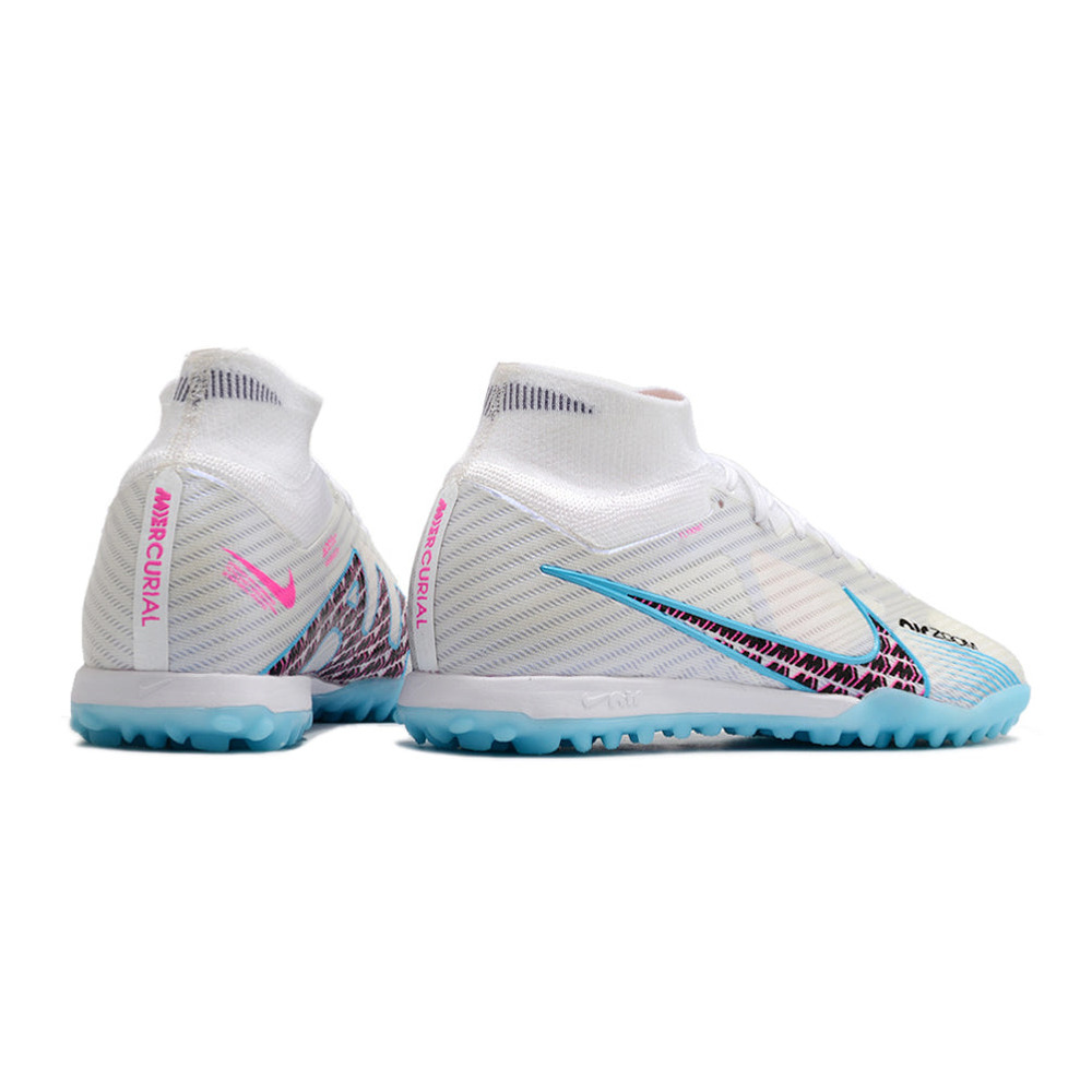 Chuteira Society Nike Air Zoom Mercurial Superfly 9 Elite TF Branca e Azul 