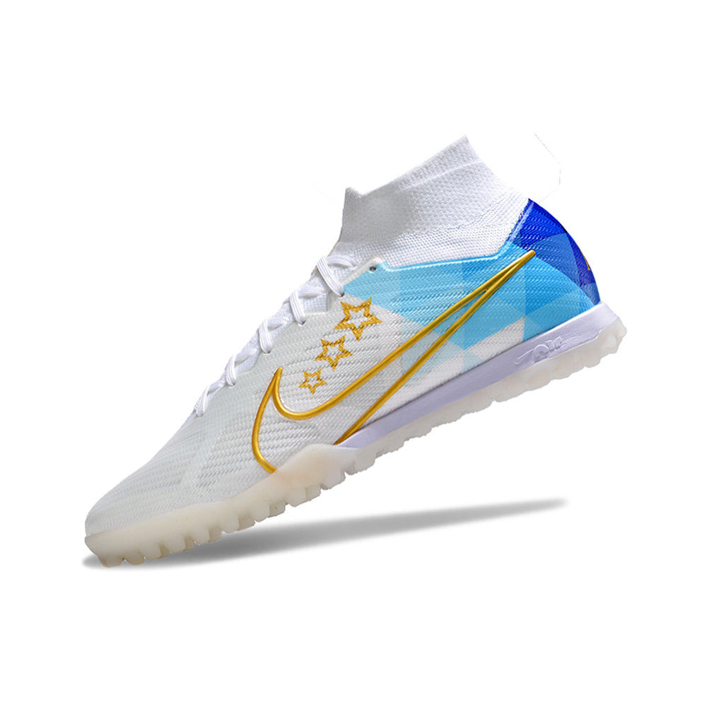 Chuteira Society Nike Air Zoom Mercurial Superfly 9 Elite TF Branca e Azul 